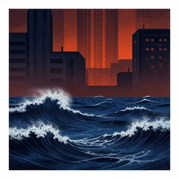 ocean waves, mads berg, karolis strautniekas, film noir, stippled light, dramatic lighting, editorial illustration, detailed, fine texture, matte print, art deco, brutalism, dark blue + dark orange, red, black, ( ( habitat 6 7 background ) ) 1 0 2 4