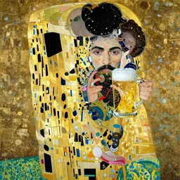 klimt moebius art style long black braid beard thick eyebrows black short hair man drinking a pint of beer