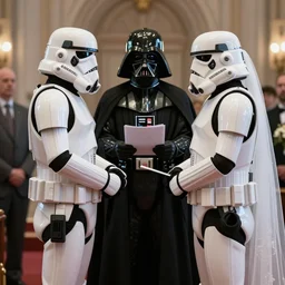 two stormtroopers getting married to each other, darth vader is performing the ceremony