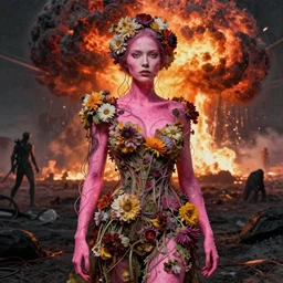 A portrait of a woman wearing clothes made out of dying flowers, nuclear explosion in the background, Masterpiece, pink skin, glowing, wires everywhere, by Edgar Maxence and Ross Tran, Zdzisław Beksiński, and Michael Whelan, distant, gustav dore, H.R. Giger, 8k, octane render
