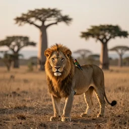 a full body shot, detailed photograph of a lion, ( ( a little coloured bird ) ), beautiful low evening lights, savana distant background ( ( ( baobab ) ) ), volumetric evening lights, photorealism, hasselblade shot, 4 5 mm, by franz lanting