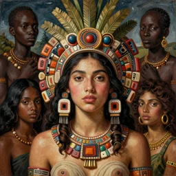 spanish beauty aztec portrait capuccino palm by lisa frank, mahmoud sai, malika agueznay, paolo uccello, pauline haynes, sonia delaunay, by wangechi mutu, wlop, yoshitaka amano