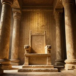 ancient throne room, mysterious writings on the wall, big pillars, digital art