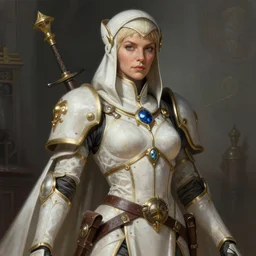 Angela Rippon as a Warhammer 40k Battle Sister, portrait, fantasy, intricate, elegant, highly detailed, digital painting, artstation, concept art, smooth, sharp focus, illustration, art by artgerm and greg rutkowski and alphonse mucha
