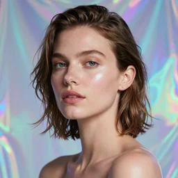 portrait of a woman inspired by lois van baarle, iridescent, holographic, neon, natural, model, self - confidence, light make - up