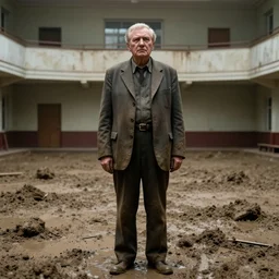 7 0 s movie still of an old manstanding in a soviet stalinist style ballroom flooded in mud, cinestill 8 0 0 t 3 5 mm eastmancolor, heavy grain, high quality, high detail