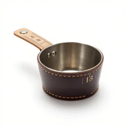leather-bound measuring cups, commercial catalog photo, isolated on a pure white background, centered, entire object in frame, sharp focus, soft studio lighting