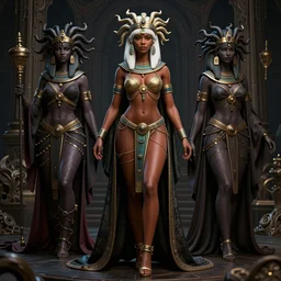full length complex 3 d hyper realistic smooth ultra sharp render of a gorgeous light skinned african woman with white hair | bikini, chains, robes | demoness, succubus, witch, egyptian goddess, medusa | medieval, fantasy, d & d, unholy | intricate, highly detailed, octane render, photorealistic, cinematic | art by 吵 集 仁 儿 on artstation + oh jinwook + sakimichan + halim ghodbane