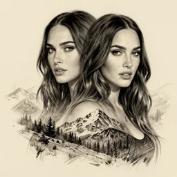 megan fox and beautiful mountains, double exposure effect, medium sized tattoo sketch, amazing detail, trending on pinterest, in the style of brandon kidwell
