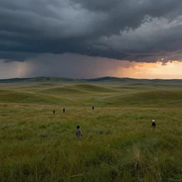 grasslands by hiroshi yoshida, marc simonetti, roger deakins, turner, rothko, hyperrealism, cinematic, hills, heeathland, dramatic storm sunset, matte painting, fluid simulation, tonalism, volumetric light, trending on artstation, cgsociety, high detail concept art, top view, rendered in octane