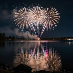 a lake shore, stars reflecting on the water, fireworks in the distance, 4k reflections, 8k