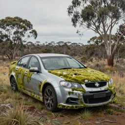 hyper realistic painting of an australian landscape, an abandoned holden commodore covered with moss. by Simon Stålenhag