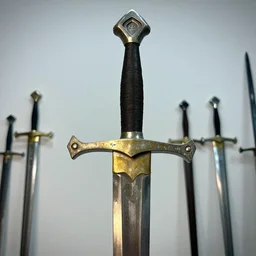 photo taken of an epic intricate, ultra detailed, super realistic gritty, longsword weapon hero props, created by weta workshop, zoomed in shots, photorealistic, sharp focus, white wall coloured workshop, cold colour temperture, f 0. 4, face centred, golden ratio, golden hour