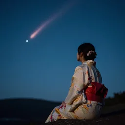 A photograph off girl wearing a kimono sitting on a cliff looking towards a burning meteor flying overhead at a starry clear night,medium sensor,35mm lens,Gaussian blur, —h 1080 —w 1920 —N 4