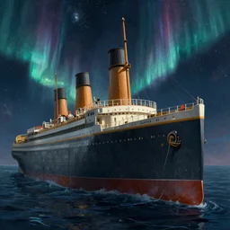 hyperrealistic painting of the highly detailed photorealistical ship titanic floating in the space, background space, galaxy, northern lights, mystical light, concept art, art station, award winning art, 8k, octane render, unreal engine 5
