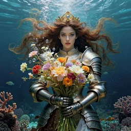 portrait of a beautiful mysterious warrior woman in armour, gloves holding a bouquet of flowing flowers, bubbles, upward flowing long hair, gloves hidden under the bouquet, underwater with coral and fish, fantasy, regal, intricate, by stanley artgerm lau, greg rutkowski, thomas kinkade, alphonse mucha, loish, norman rockwell