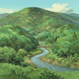 A landscape with mountains and forests and a river crossing by the middle of a valley by Studio Ghibli