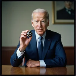 a photograph of Joe Biden holding a d20 (20 sided dice), seated at a table, by A.M. Cassandre, medium format photography, Hasselblad, film