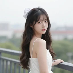 asian young woman, white hairbow, wavy hair, at balcony, in dress. 4 k 8 k huhd 1 6 k instagram photo at behance, epic cinematic movie shot, hollywood. kodak portra, fujifilm superia. adobe lightroom, photoshop, pixlr, affinity, luminar