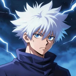 killua zoldyck made by zdzisław beksinski, thunderstorm, lighting, blue, pose, 8 k, detailed, high quality, 8 k, detailed face, spiky hair, light, face with detail, white hair