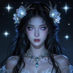 Nocturne, glowing, stars, a portrait of a beautiful female shadow djinn with jeweled collar, long hair, glowing eyes, flower crown, white dress, headshot, hyper realistic, pale skin, 4k, rule of thirds, beautiful eyes, extreme detail, detailed drawing, trending artstation, hd, fantasy, D&D, realistic lighting, by Alphonse Mucha, Greg Rutkowski, sharp focus, backlit, elegant