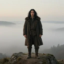 wanderer above the sea of fog by caspar david friedrich but the wanderer has shaggy shoulders long black hair, ultra detailed, one full body single portrait