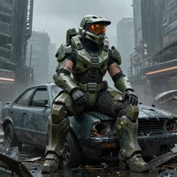 character portrait of a bulky woman in halo infinite spartan armor sitting on top of a broken car in a desolate cyberpunk wasteland city, 8 k, realistic shading, concept art, digital painting, illustration, matte painting, moody lighting, sharp focus, minimal artifacts, wet, heavy rain, rainstorm