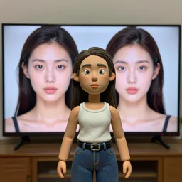 A realistic clayface is standing  front of TV and making a head by copying female model's appearance in the TV screen which shows her photoshoot, highly detailed,