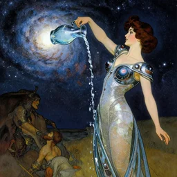 a woman wearing outer space as a dress, pouring water from a vase into the milky way, by joe madura, by alphonse mucha, battle chasers.