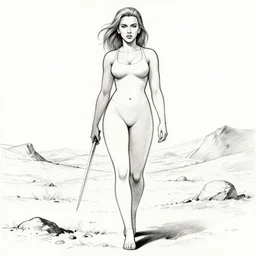 scarlett johansson as a ghost in afro samurai manga style, pencil and ink, walking the wastelands