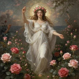 the Divine Feminine standing in a field of Roses, Beautiful, Crown of the Gods, Woman, All Races, All Cultures, Female, Birth of creation, Mother Earth, Divinity, Hope, Ethereal, Renaissance Painting, Atmospheric Lighting, artstation trending
