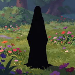 tall hooded shadow person figure standing in beautiful meadow of flowers, disney animated, grainy, high detail, high resolution