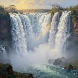 Waterfalls flowing down floating islands, mist, crepuscular rays, oil painting, trending on artstation