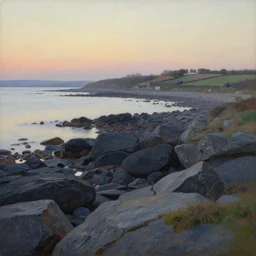 rocky seashore, dawn, countryside, peter sculthorpe, painting, artstation