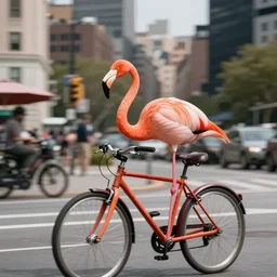 flamingo riding a bicycle in New York City realistic photo, 50mm lens