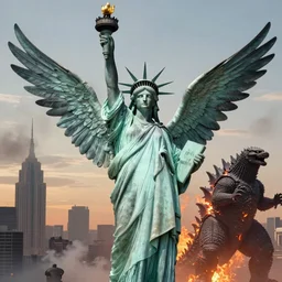 “Statue of Liberty with wings fighting Godzilla, 8k, fiery smoky city, realistic render, octane, cycles, GI, AO, detailed”