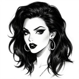 of a goth girl burlesque psychobilly, rockabilly, punk, black hair, detailed face, white background, drawing, zoomed out, full body, illustration