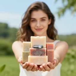 beautiful advertising 3 2 mm lens photo of a young woman holding an assortment scented soap bricks to the viewer, summer outdoors photography