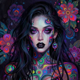 portrait of lashana lynch, hyper detailed masterpiece, neon floral pattern, jean giraud, digital art painting, darkwave goth aesthetic, psychedelic, artgerm, donato giancola and tom bagshaw