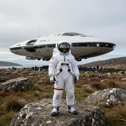 Hyper realistic photograph of an spaceman tourist from the future standing on the Isle of Harris, Scotland, a futuristic spaceship in the background, very wide angle lens, trending on deviantart, trending on artstation, ((by John Berkey))