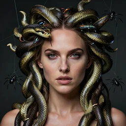 beauty woman Natalie Portman with snakes for hair, Medusa, detailed face, surrounded by spiders, very detailed, dramatic lighting, electrical details, high details, 4k, 8k, trending on artstation, by Greg Rutkowski, Wayne Barlowe, Hajime Sorayama and Boris Vallejo