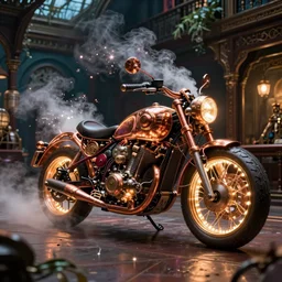 A glowing electrical Steampunk motorcycle in a victorian museum, james gurney, cinematic lighting, lots of steam and sparks, wires made of copper, artstation, vibrant nature, Tuomas Korpi, tekkon kinreet, volumetric light, artstation, , octane render, redshift render, low angle camera, rich deep moody colors