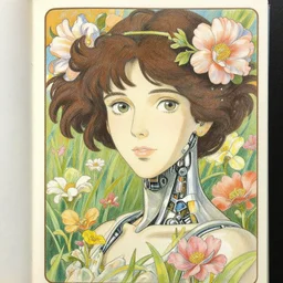 a female cyborg!!!!!!! in a field of flowers, finely illustrated face, highly detailed, colored pencil, studio ghibli, tankobon, in the style of ilya kuvshinov and krenz cushart and william - adolphe bouguereau and alphonse mucha
