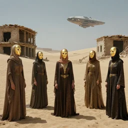 the long - shot of bene gesserit women in full - face golden glowing masks seeing the abandoned buildings under the sand, alien spaceship in the sky, film still from the movie directed by alejandro jodorowsky with cinematogrophy of christopher doyle and art direction by hans giger, anamorphic lens, kodakchrome, very detailed photo, 8 k,