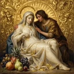la pieta ultrarealistic ultradetailed painting of catholic veiled lady beside fruits, still life, lawrence alma - tadema, greg rutkowski, immerse, slime, special effects makeup, maximalist, glittering, gold, ivory, hyperreal, golden ratio, alphonse mucha