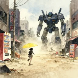 incredible wide screenshot, ultrawide, simple watercolor, rough paper texture, ghost in the shell movie scene, backlit distant shot of girl in a parka running from a giant robot invasion side view, yellow parasol in deserted dusty shinjuku junk town, broken vending machines