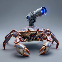 photo of a cybernetic crab with attached laser turret on its head