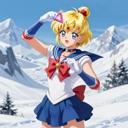 sailor uranus plays on the triangle, snow mountains in the background, anime art, unreal render, hyper detailed drawing, intricate, anime key visual, manga, digital painting, artstation, hard focus, symmetry, illustration, landscape