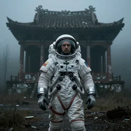 photo of a man in spacesuit, abandoned temple on the background, dark, moody, foggy, Jakub Rozalski Photorealistic cinematic volume lighting