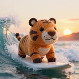 a closeup photorealistic photograph of a cute smiling knitted tiger hippopotamus riding a large wave at sunset. surf in the background. professional capture. brightly lit scene. this 4 k hd image is trending on artstation, featured on behance, well - rendered, extra crisp, features intricate detail, epic composition and the style of unreal engine.